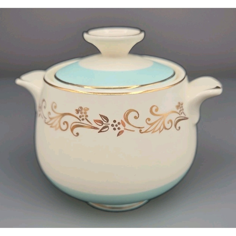 Vintage Lifetime China Gold Crown Covered Sugar Bowl Aqua Turquoise Gold Scroll